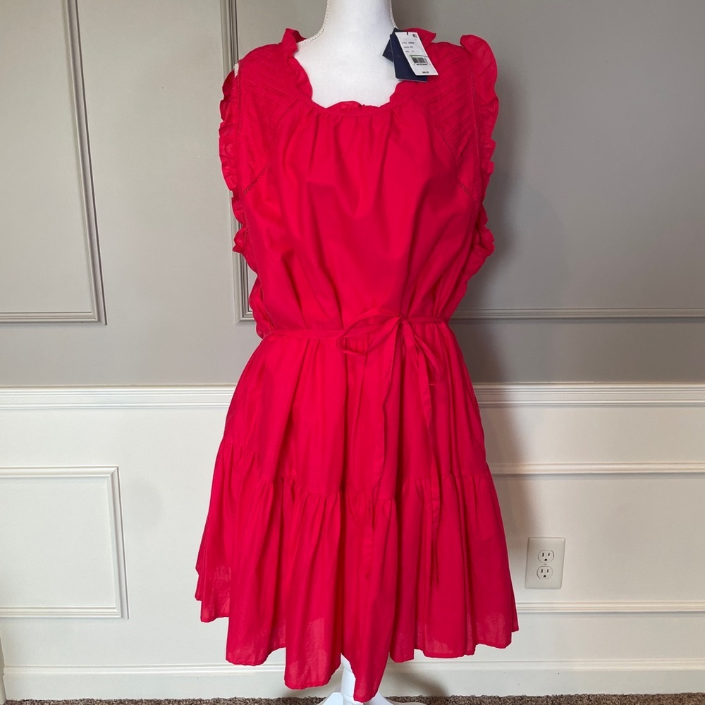 Skies Are Blue NWT 3X Red Coral Dress Tiered Cotton Ruffle Tie Waist Sleeveless